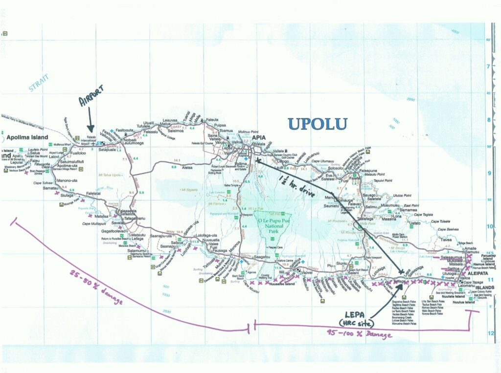 Map of Upolu Island in Samoa with hand drawn notes to aid the tsunami rebuild in 2009. 