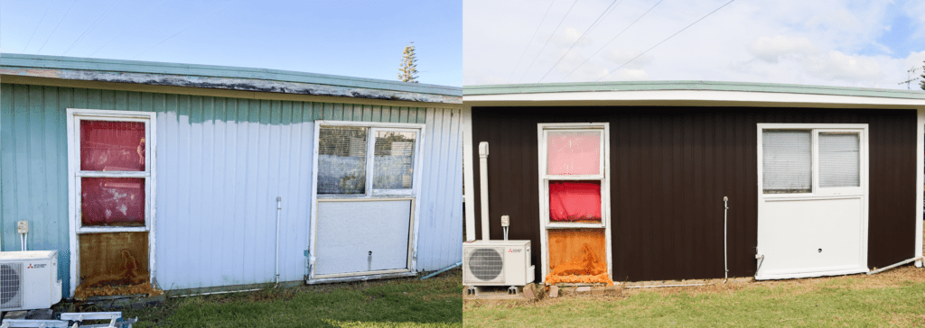 Before and after comparison of a home's exterior during a home repair from Habitat for Humanity. 